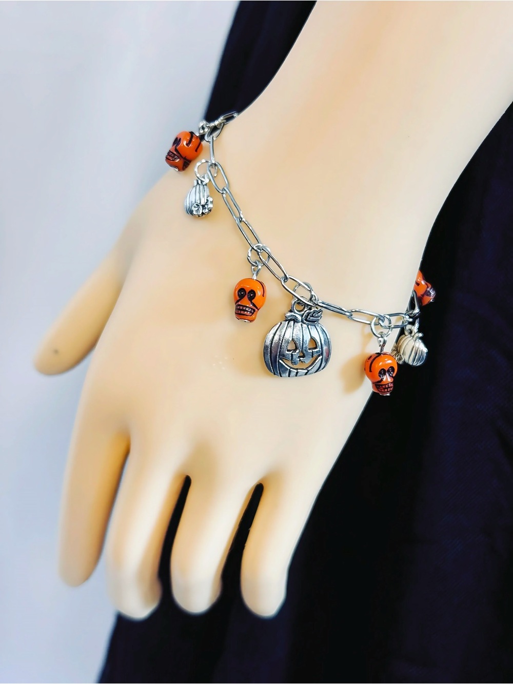 Halloween Day of the Dead Pumpkin & Skull Charm Bracelet - Orange and Silver